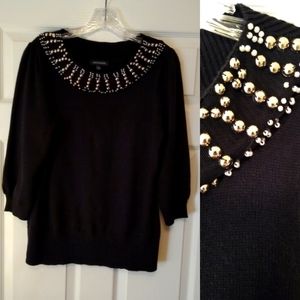 Notations cotton sweater, beaded collar Large